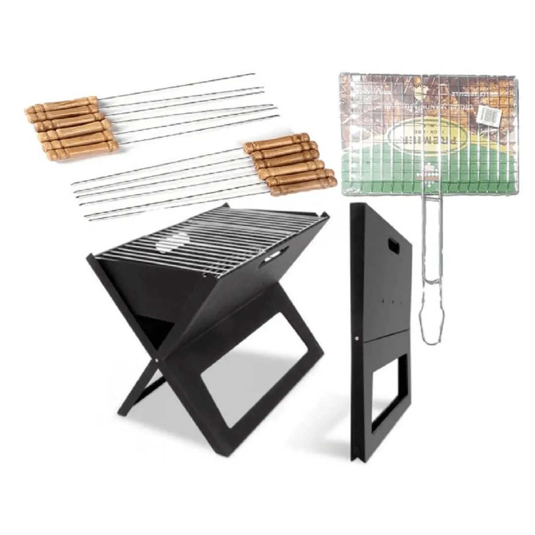 Ensemble barbecue Four pliable Portable + Double Grille barbecue Rectangle + 12 pcs Brochettes
