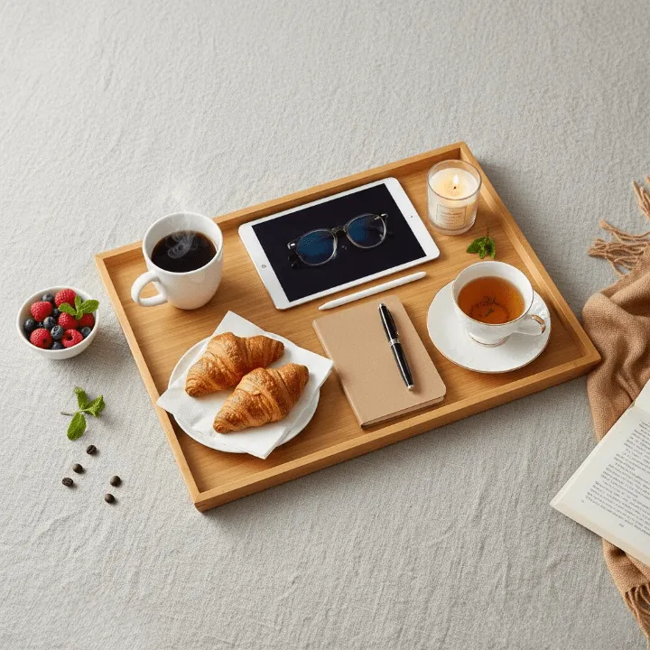 Plateau en bambou et bois, idéal pour servir café, thé, petit-déjeuner ou dîner, usage maison et restaurant
