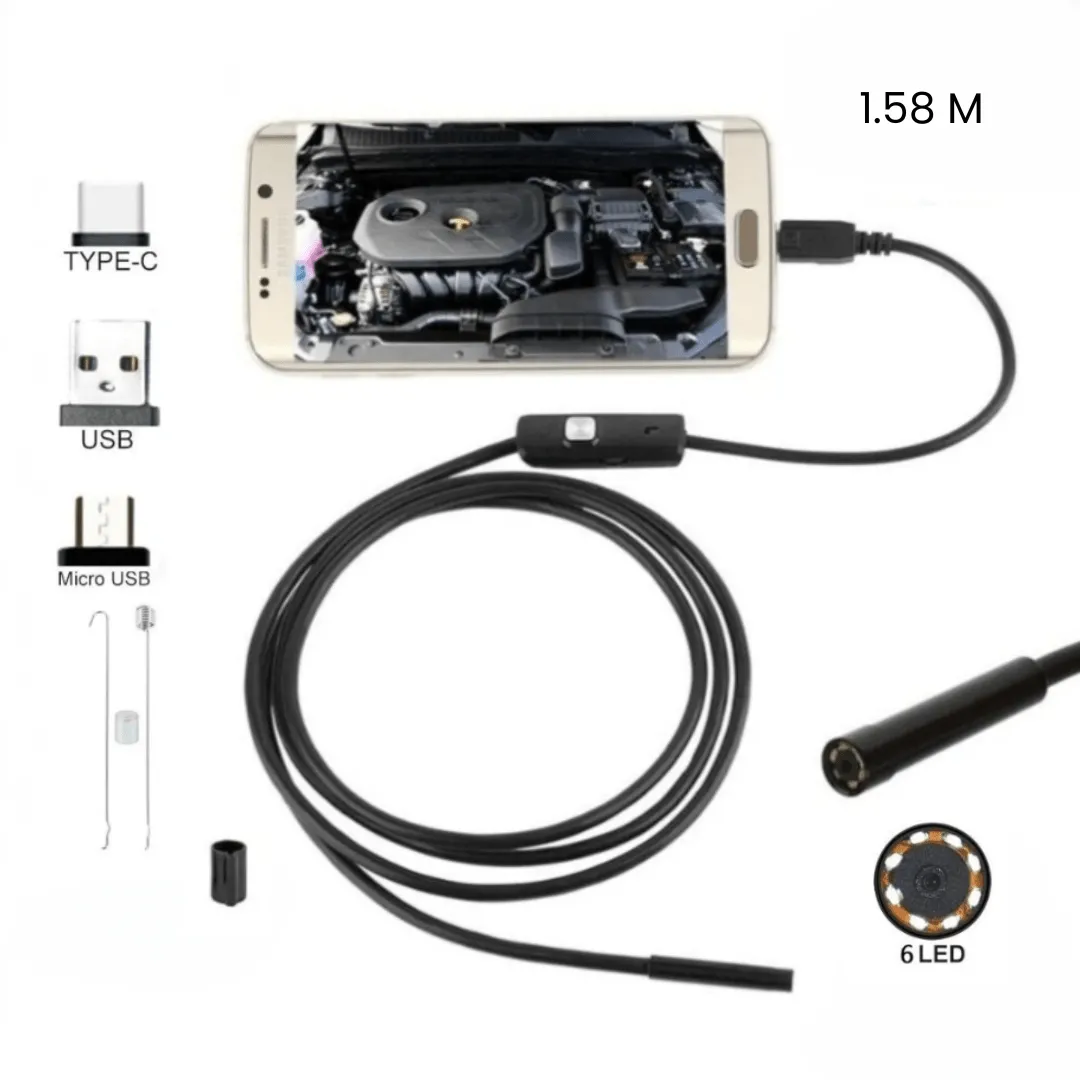 Caméra endoscopique filaire 1,58 m avec 6 LED, connectique Micro USB et Type-C, compatible Windows et Android