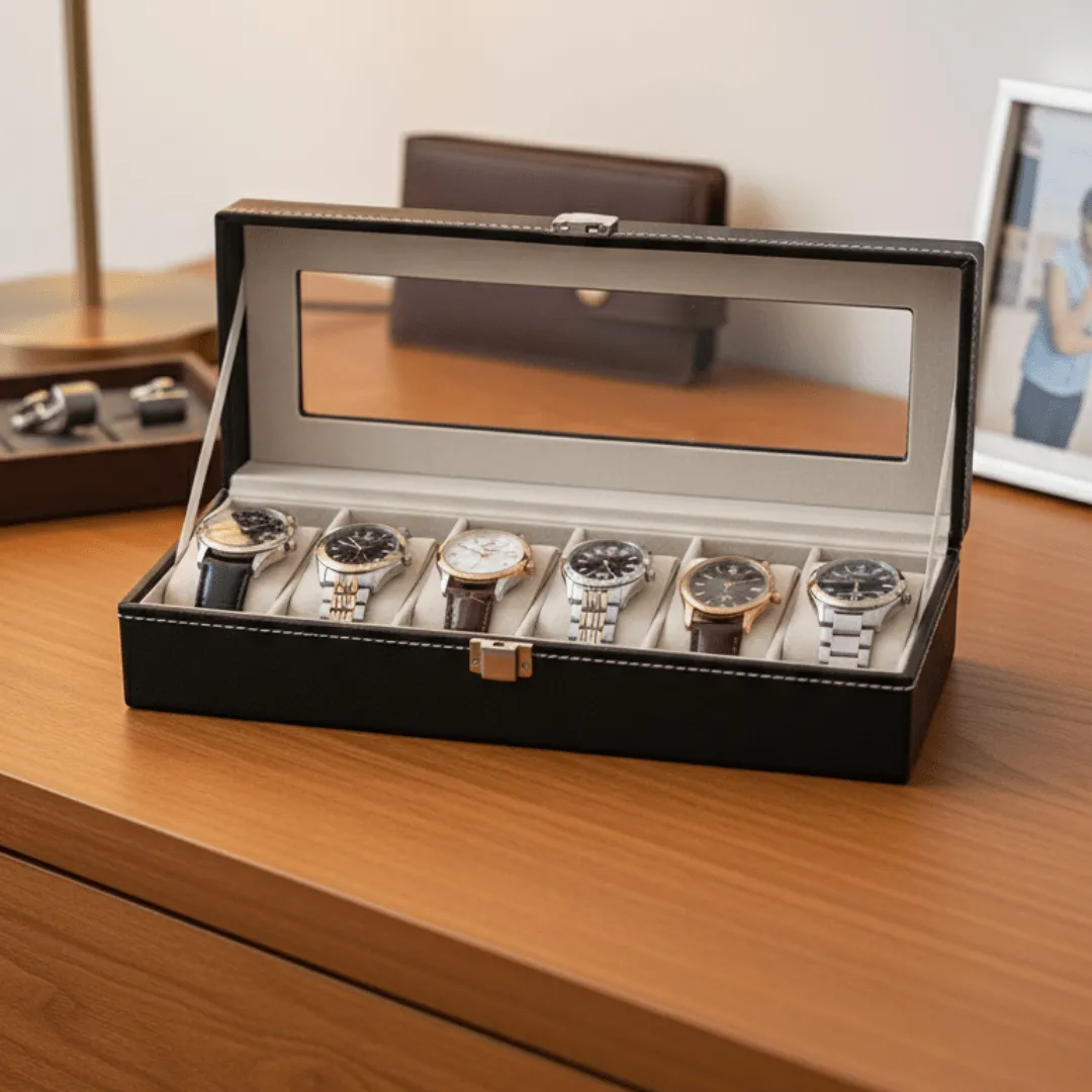 Boîte à montres pour 6 pièces avec couvercle et rangement en cuir et velours pour montres et bijoux