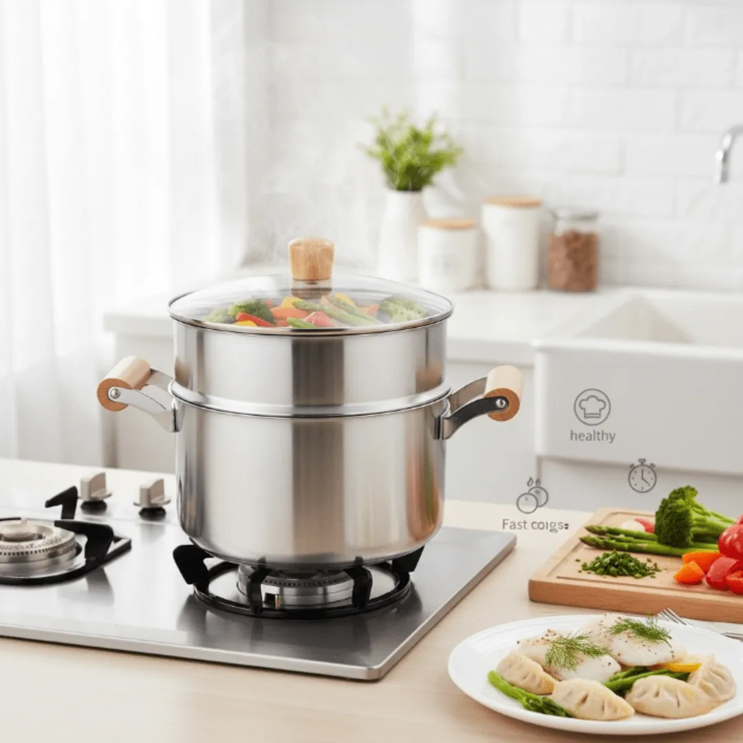 Casserole vapeur à deux étages avec poignées en bois isolantes contre la chaleur