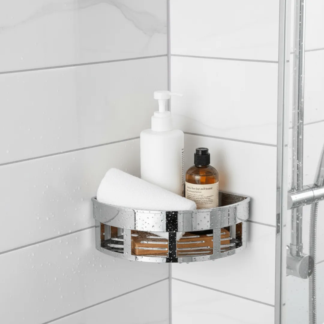 Étagère d’angle murale en plastique chromé pour salle de bain – rangement pratique des accessoires de douche