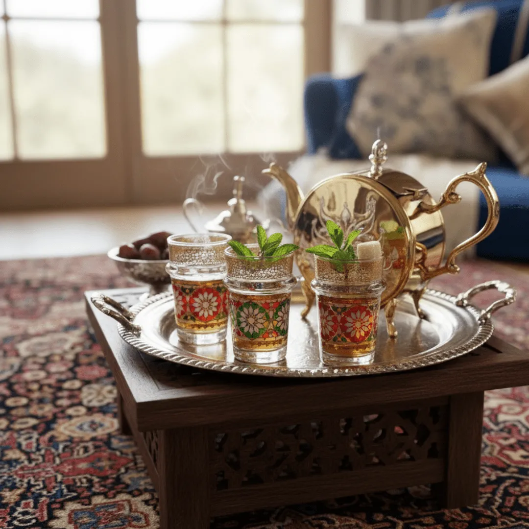Ensemble de 6 verres à thé en cristal décorés de motifs marocains élégants au style Fassi traditionnel.