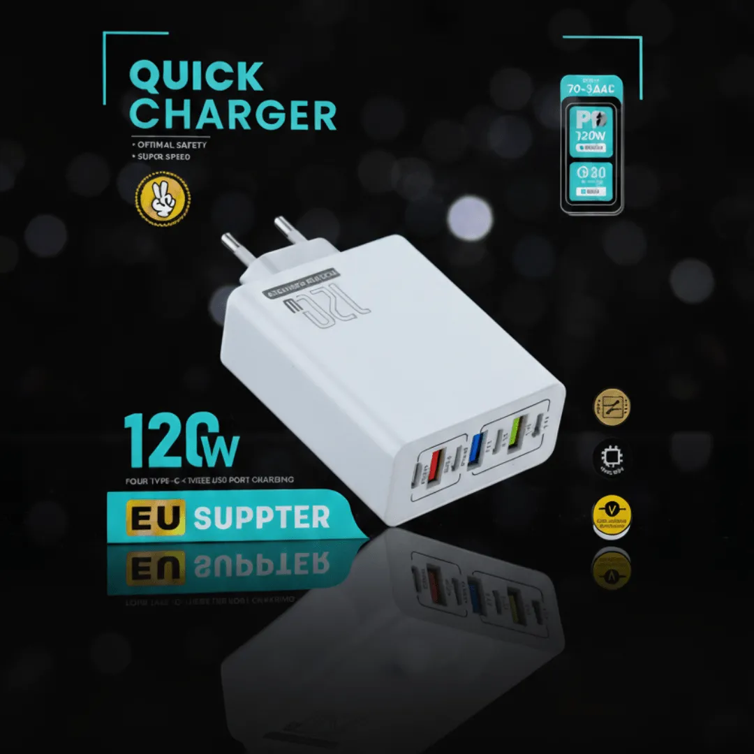 Chargeur de voyage 120W multi-ports avec charge rapide pour ordinateur et téléphone