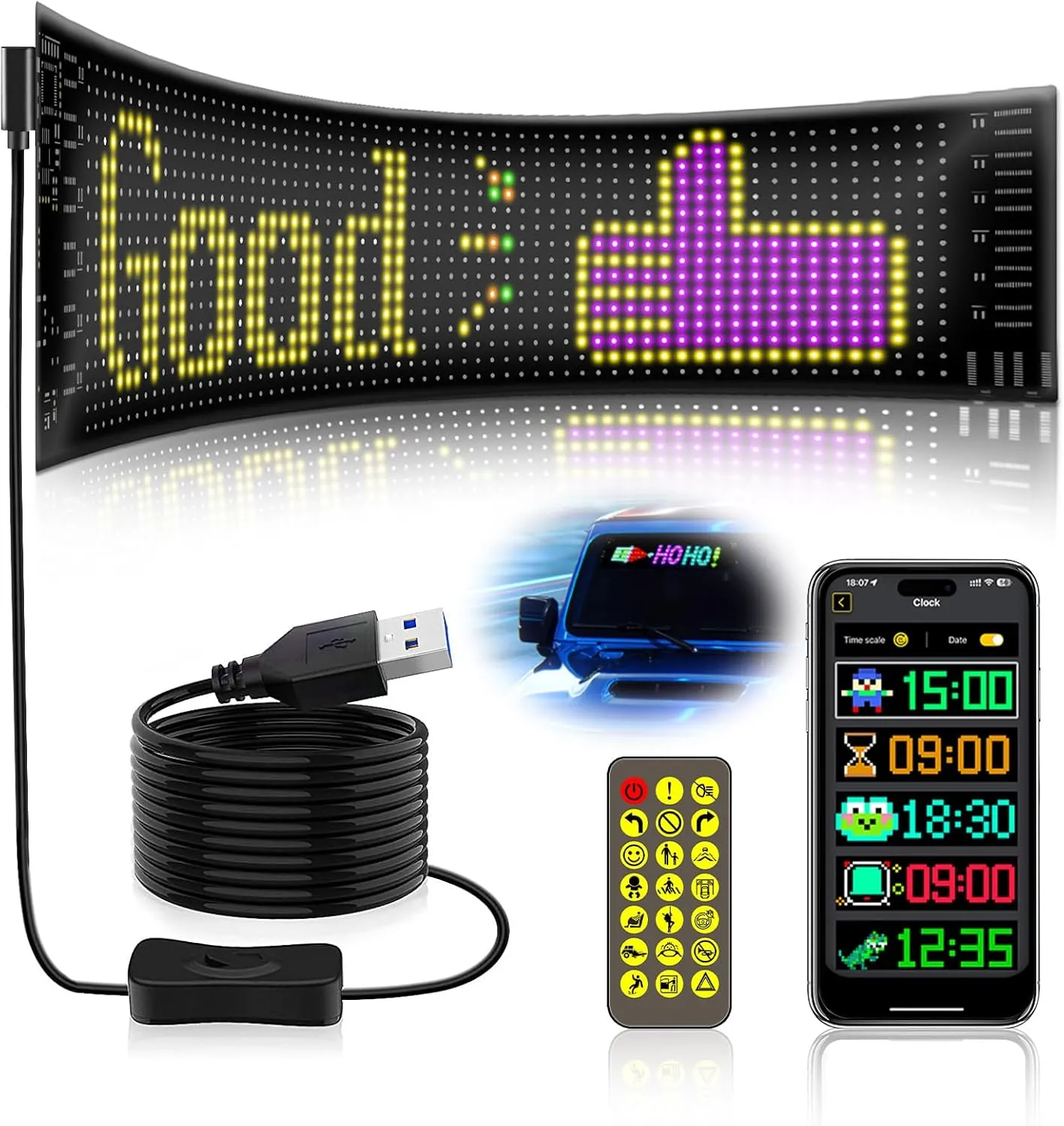 Panneau LED flexible pour véhicule – Programmable Bluetooth avec textes et motifs