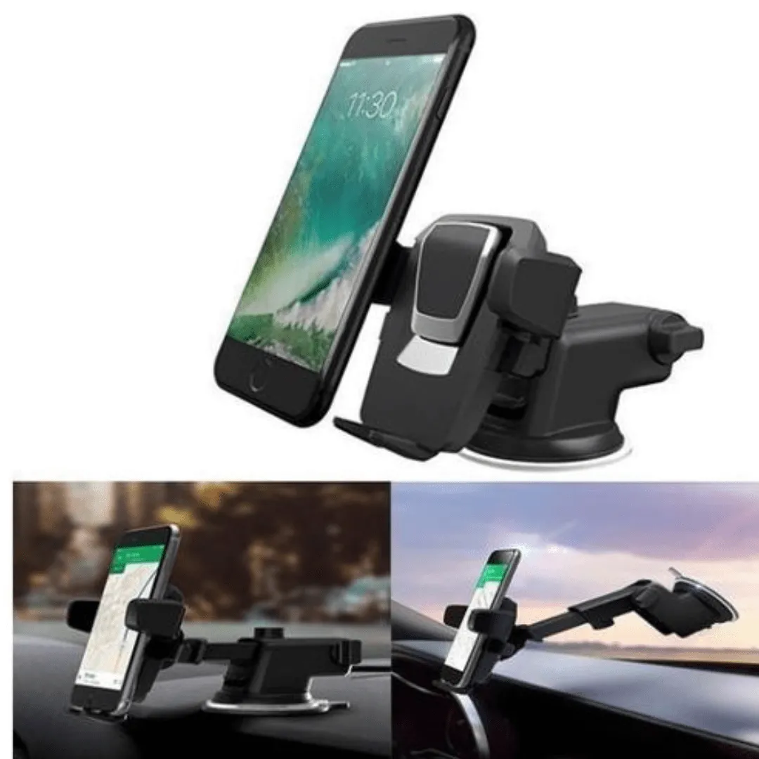 Support auto ajustable pour smartphone avec bras long et fixation facile.