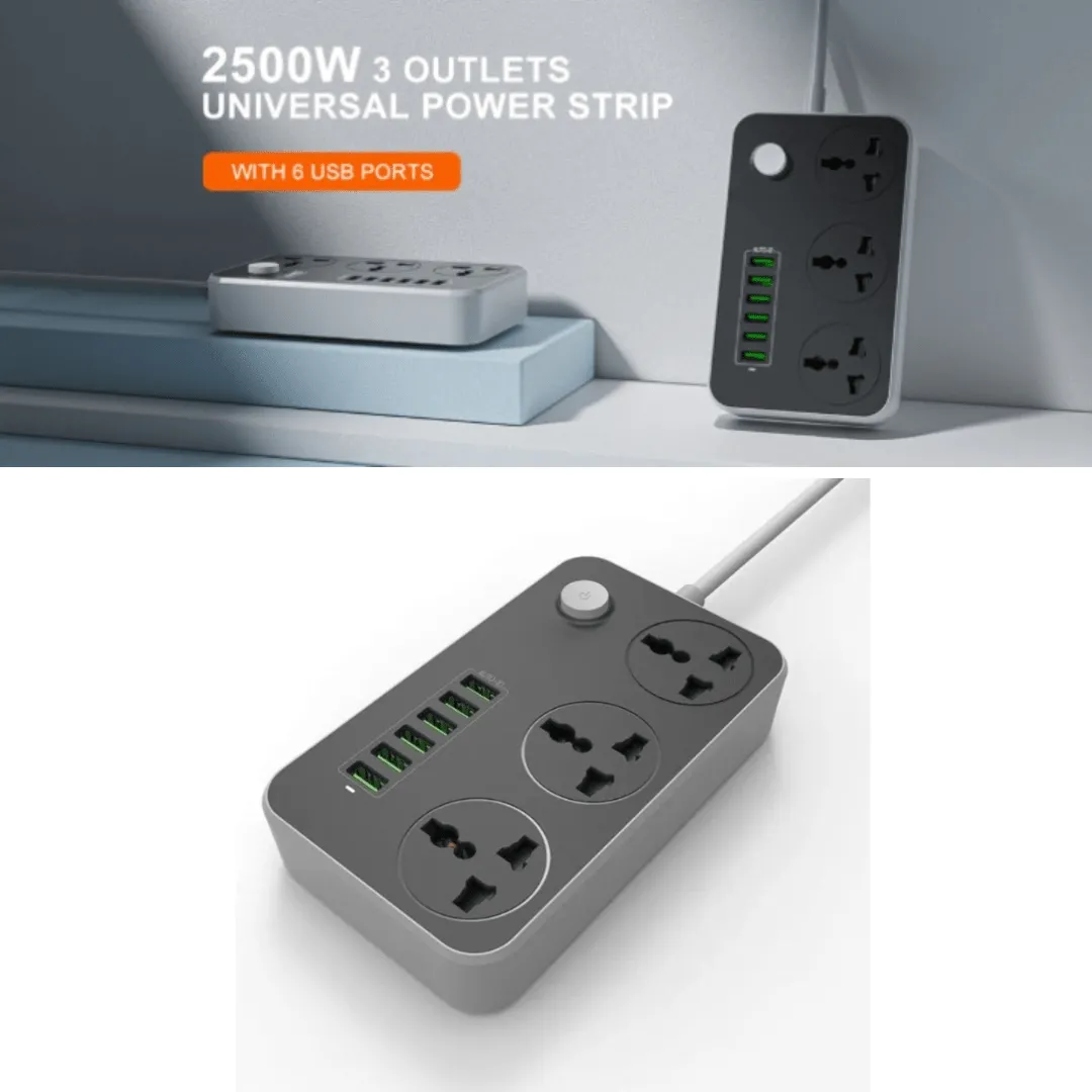 Bloc multiprise intelligent 5 en 1 avec 3 prises secteur et 6 ports USB – Charge rapide et câble.