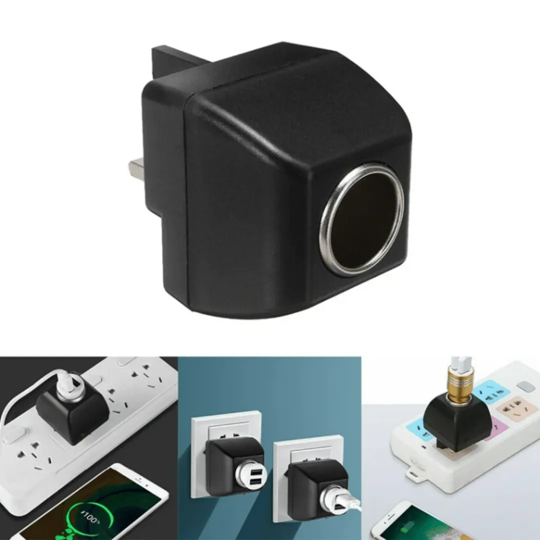 Adaptateur secteur universel 100-240V vers 12V DC avec prise allume-cigare voiture.