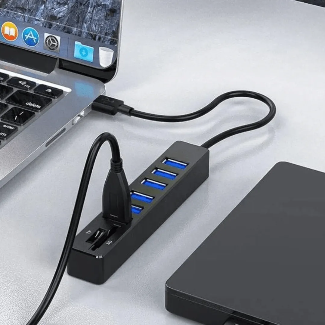 Concentrateur USB 6 ports avec lecteur carte, compatible PC, Mac, PS4.