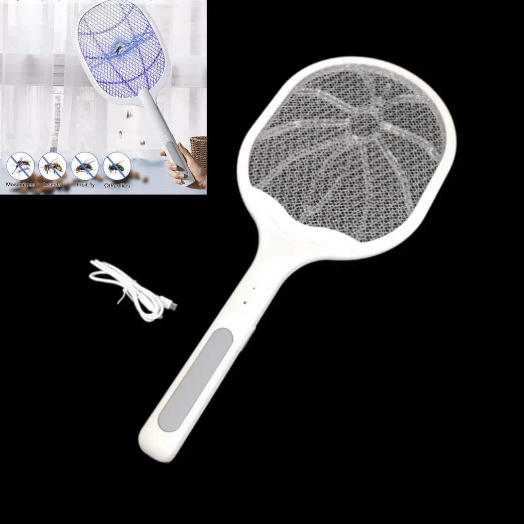 Raquette électrique anti-insectes avec filet sécurisé, sans produits chimiques.