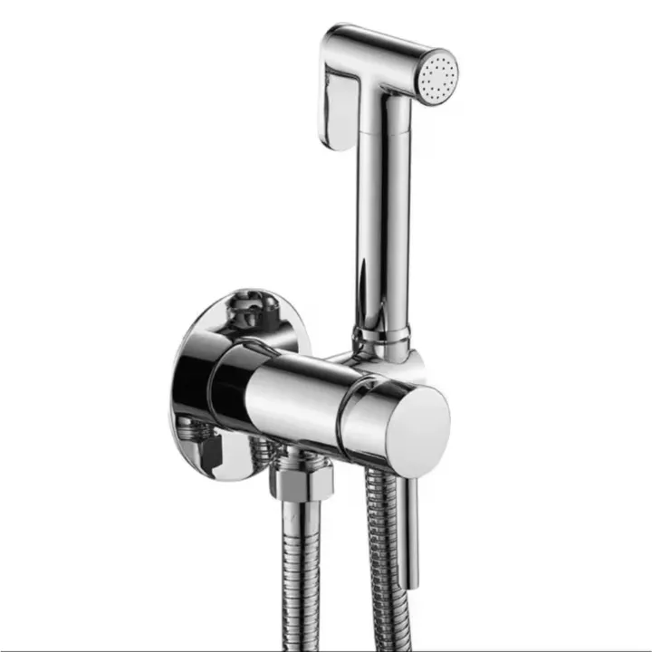 Ensemble douche sanitaire avec robinet mitigeur rond finition chromée élégante.