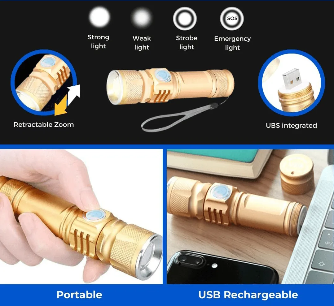 Mini Lampe Torche LED Rechargeable USB avec Zoom Réglable et Plusieurs Modes d'Éclairage