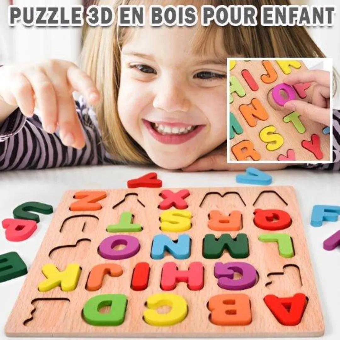 Jeu éducatif en bois 3D avec alphabet complet – Lettres capitales et minuscules pour enfants