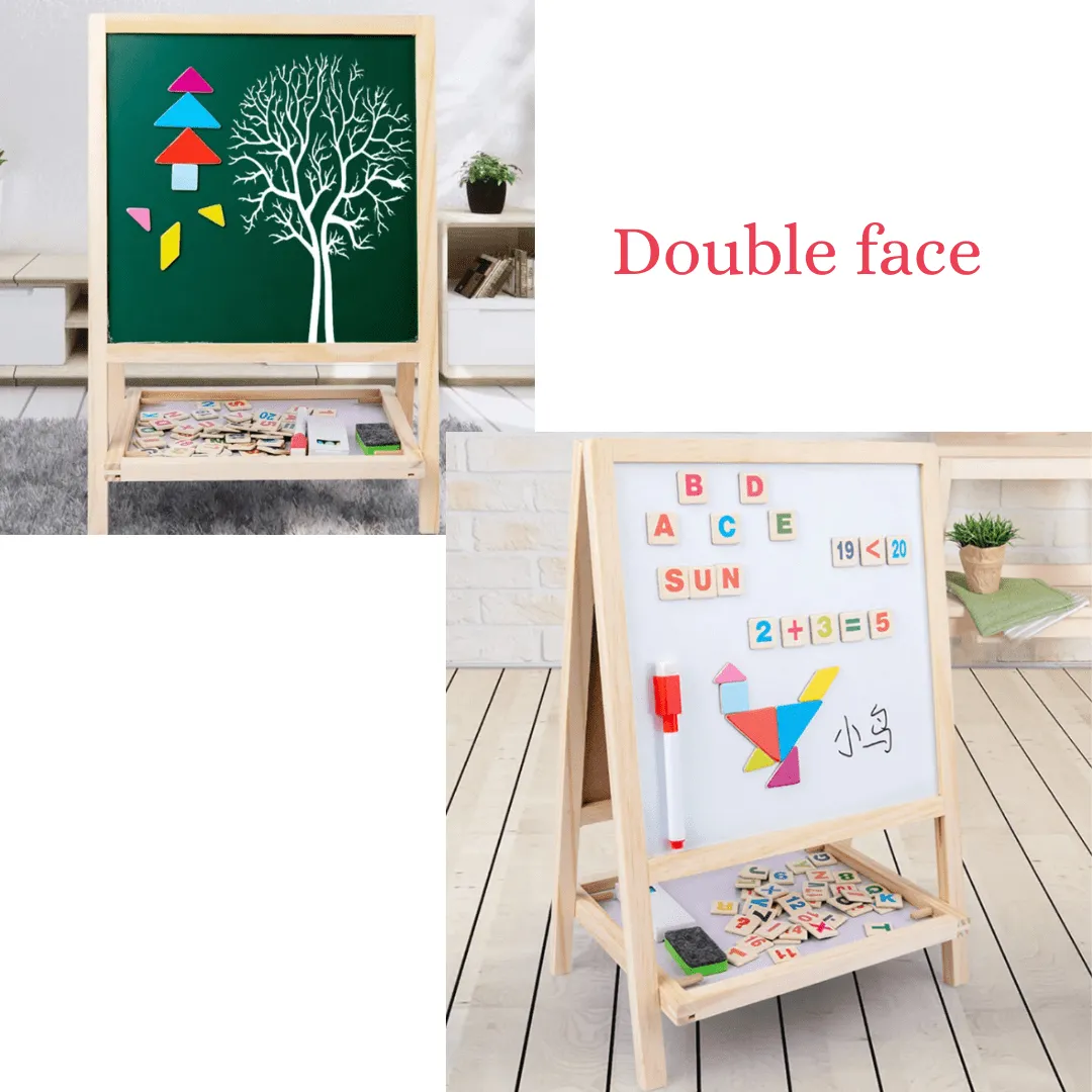 Chevalet éducatif en bois double face, ardoise noire et tableau blanc magnétiques avec accessoires.