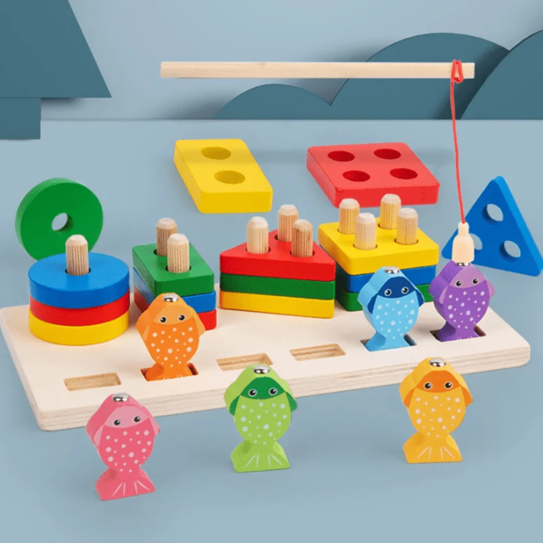 Jeu de pêche Montessori avec canne, pour coordination et équilibre.