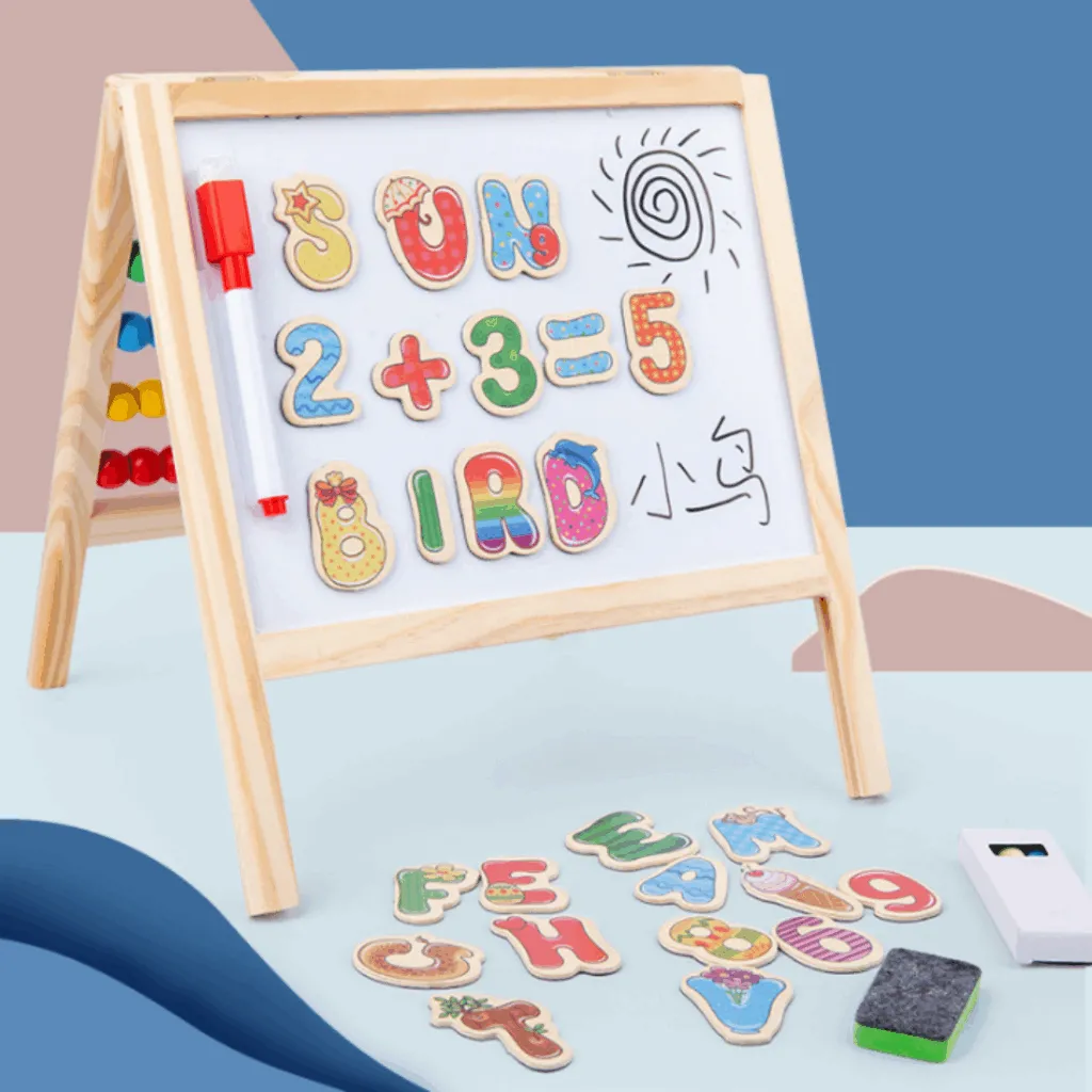 Tableau éducatif magnétique en bois avec lettres et nombres.