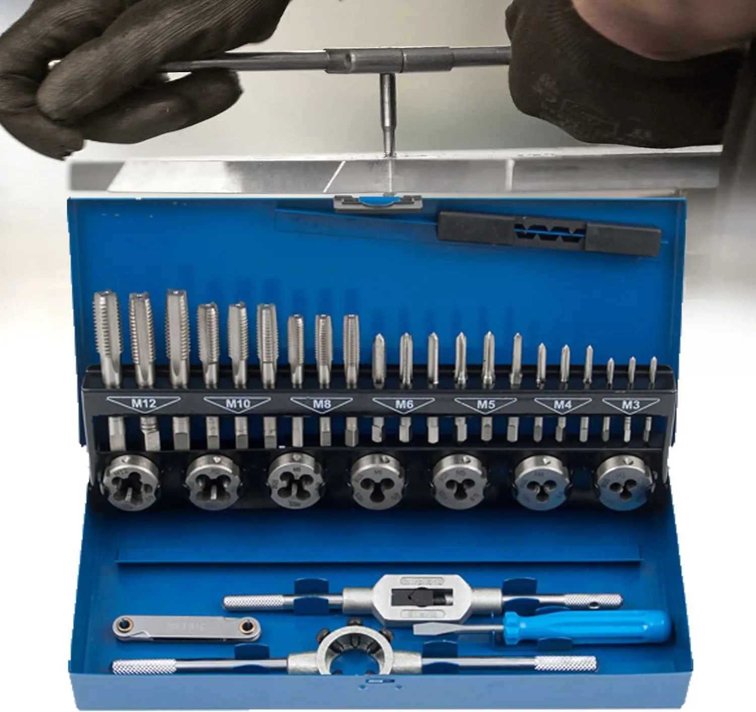Ensemble de 32 outils de filetage en acier à roulement pour filetage interne et externe avec coffret