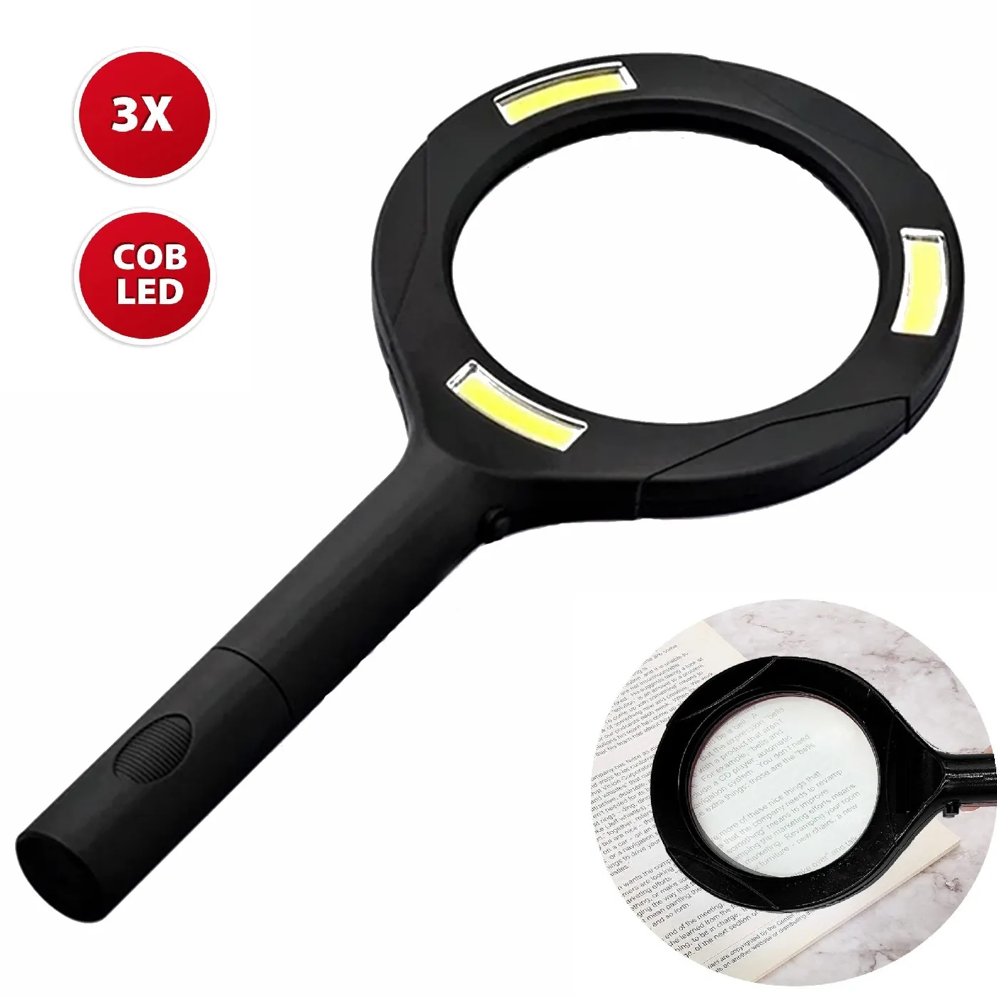 Loupe lumineuse portable à 3 LED COB et lentille pour lecture de livres, journaux, cartes et affichages PC