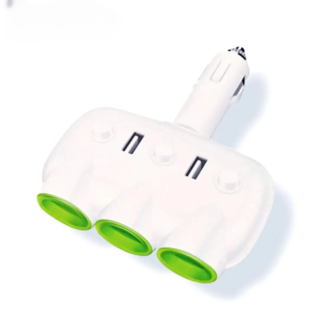 Multiprise allume-cigare voiture avec 3 ports et 2 USB à interrupteurs séparés.
