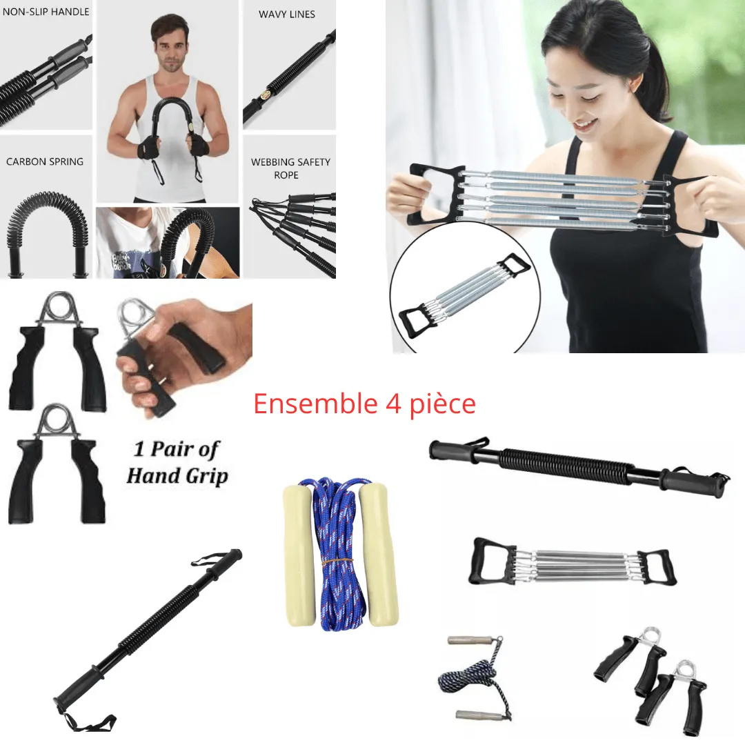 Ensemble fitness 4 pièces : extenseur, poignées, barre twist, corde à sauter.