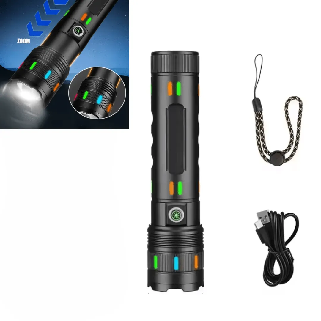 Lampe de poche P80 en métal robuste avec faisceau lumineux blanc et recharge USB-C.