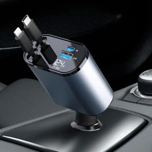 Chargeur voiture 4 en 1 139 W, câbles rétractables, USB, pour iPhone, iPad, Pixel, Android et tablettes