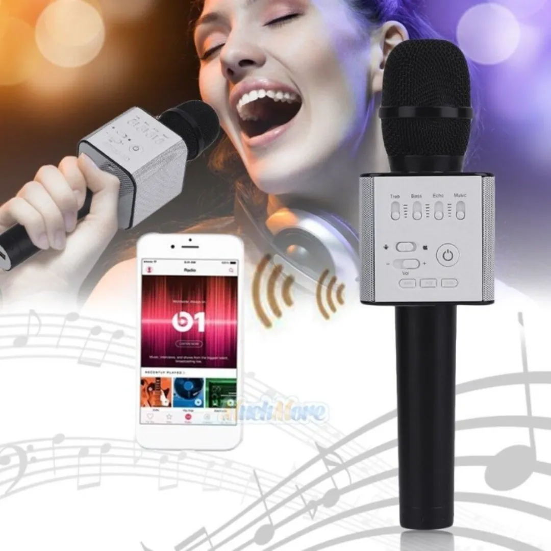 Microphone sans fil pour karaoké avec haut-parleur Bluetooth intégré.