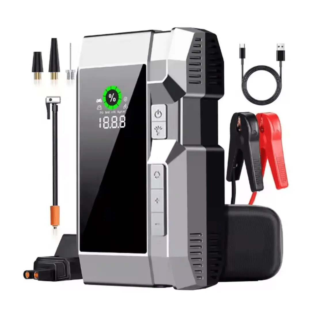 Démarreur de voiture 12V avec compresseur d'air, outil de secours pratique.