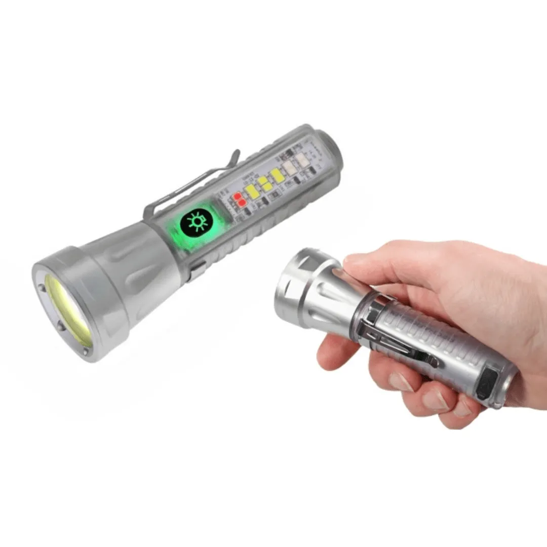 Lampe de poche rechargeable multifonction avec torche UV et fonction lanterne de camping.