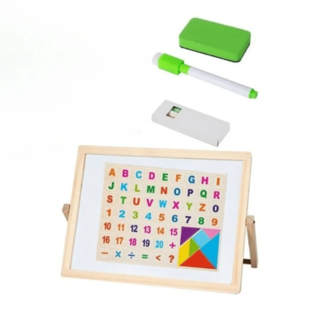 Tableau en bois magnétique double face avec alphabet et chiffres pour enfants dès 3 ans.