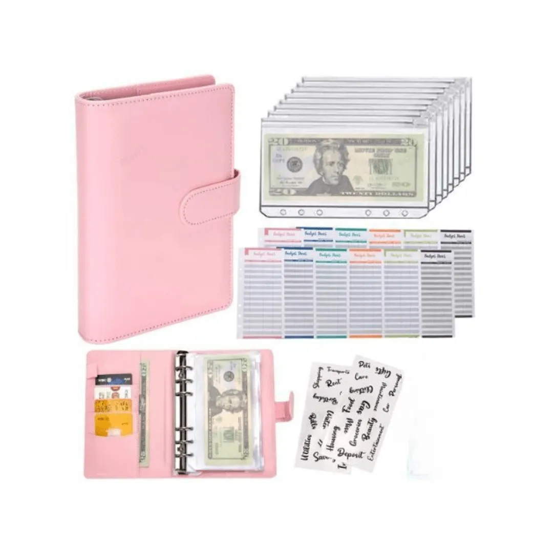 Carnet de suivi budgétaire A6 avec pages détachables, pochette d’épargne et reliure à 8 trous.