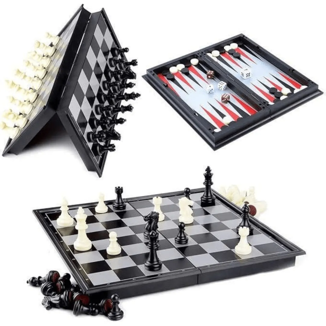 Jeu 3 en 1 : Échecs, Backgammon et Dames – Plateau magnétique portable.
