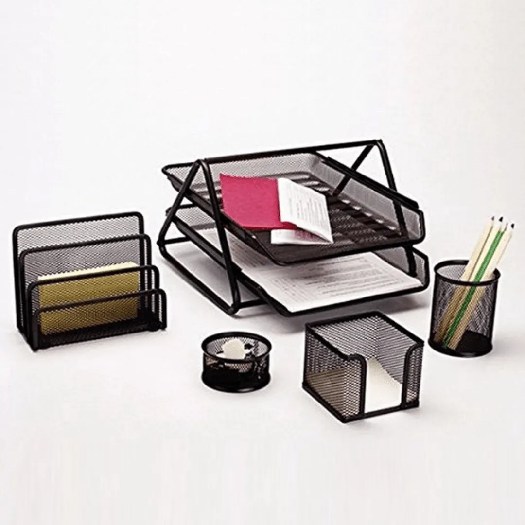 Kit de Rangement de Bureau en Métal Noir - 5 Pièces