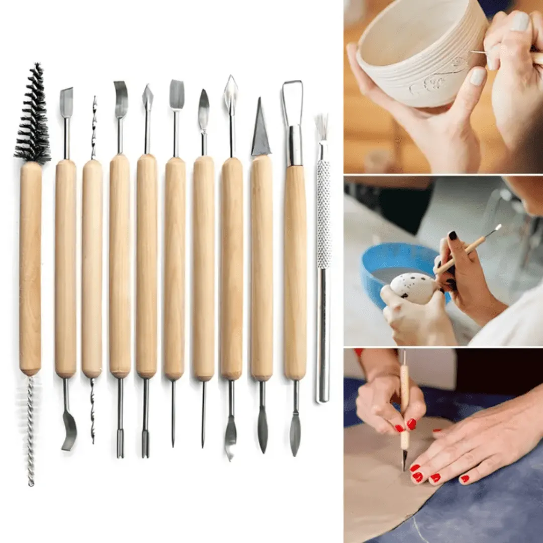 Ensemble de 11 outils pour poterie et sculpture, manches en bois et pointes métalliques pour modélisation d'argile et céramique