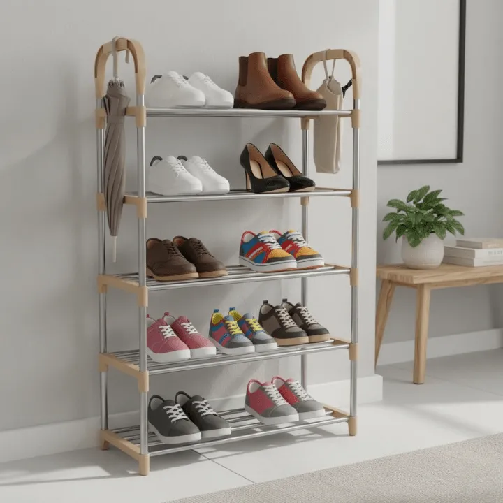Étagère de rangement pour chaussures à 5 niveaux en métal et plastique