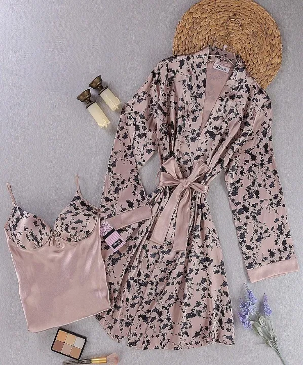 Ensemble pyjama sexy en satin pour femme, chemise de nuit et peignoir