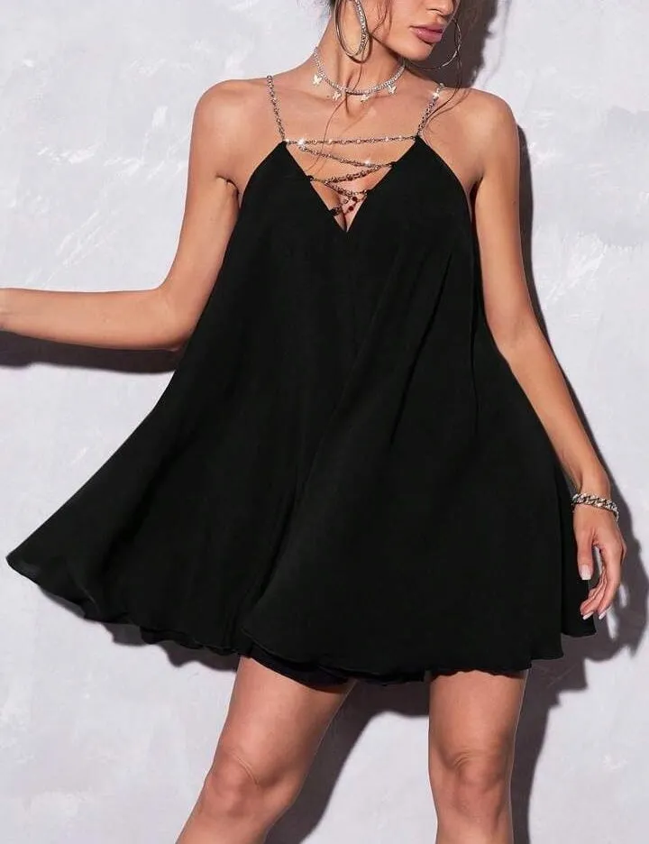 Robe Sexy en Satin à bretelles en strass et dos ouvert pour Femme