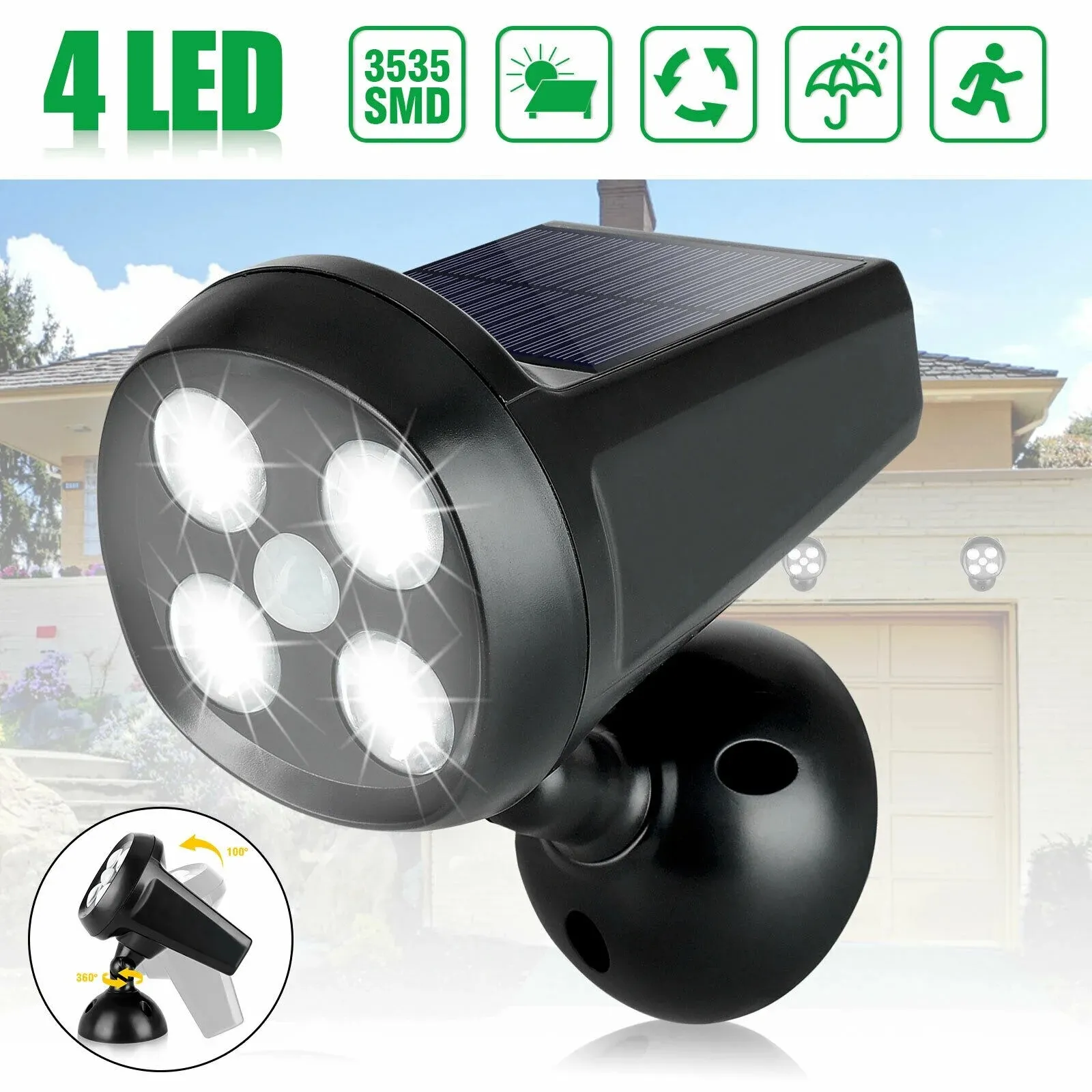 Projecteur Solaire à 4 LED avec Capteur de Mouvement pour Éclairage Extérieur
