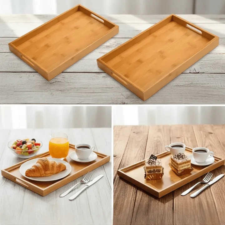 Lot de 2 Plateau de Service en Bois Rectangulaire avec Poignées pour Vaisselle et Boissons