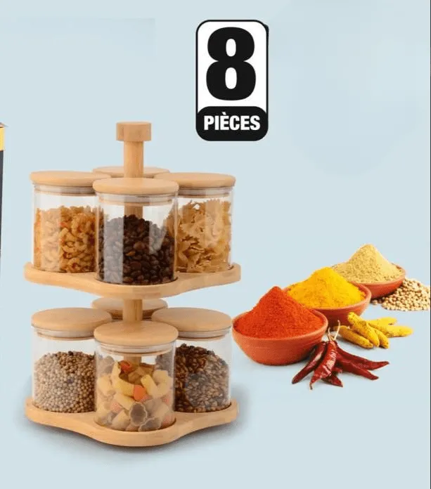 Ensemble de 8 Bocaux en Verre avec Support Rotatif en Bambou