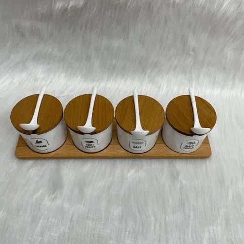 Set d'Assaisonnement 4 Pièces en Bois avec Couvercle, Cuillères et Support