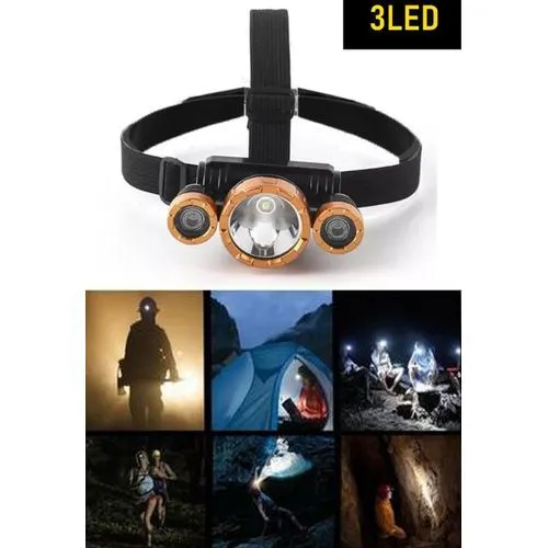 Lampe Frontale à 3 LED Dorées et Batterie Lithium