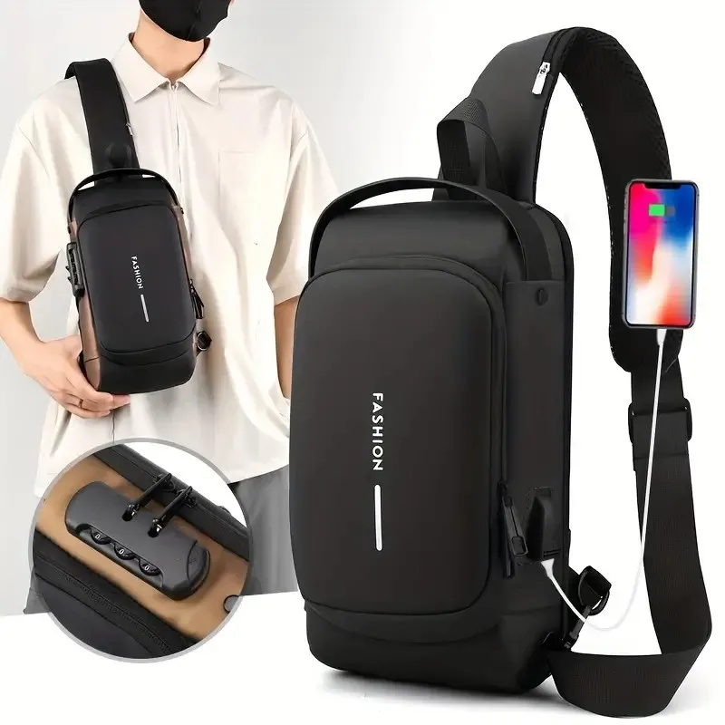Élégance Imperméable Sac à Bandoulière en Cuir avec Sacoche de Poitrine Antivol et Chargeur USB