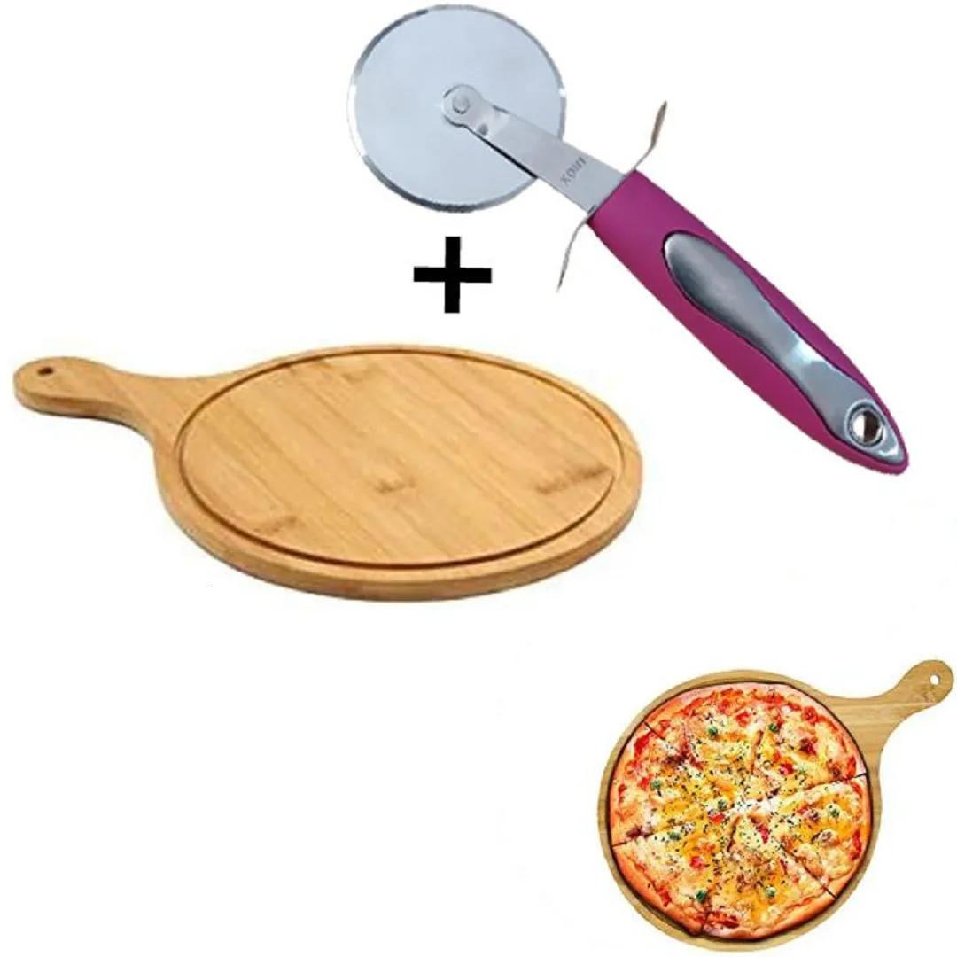 Pack de Coupe-pizza en acier inoxydable + planche à pizza en bois de bambou