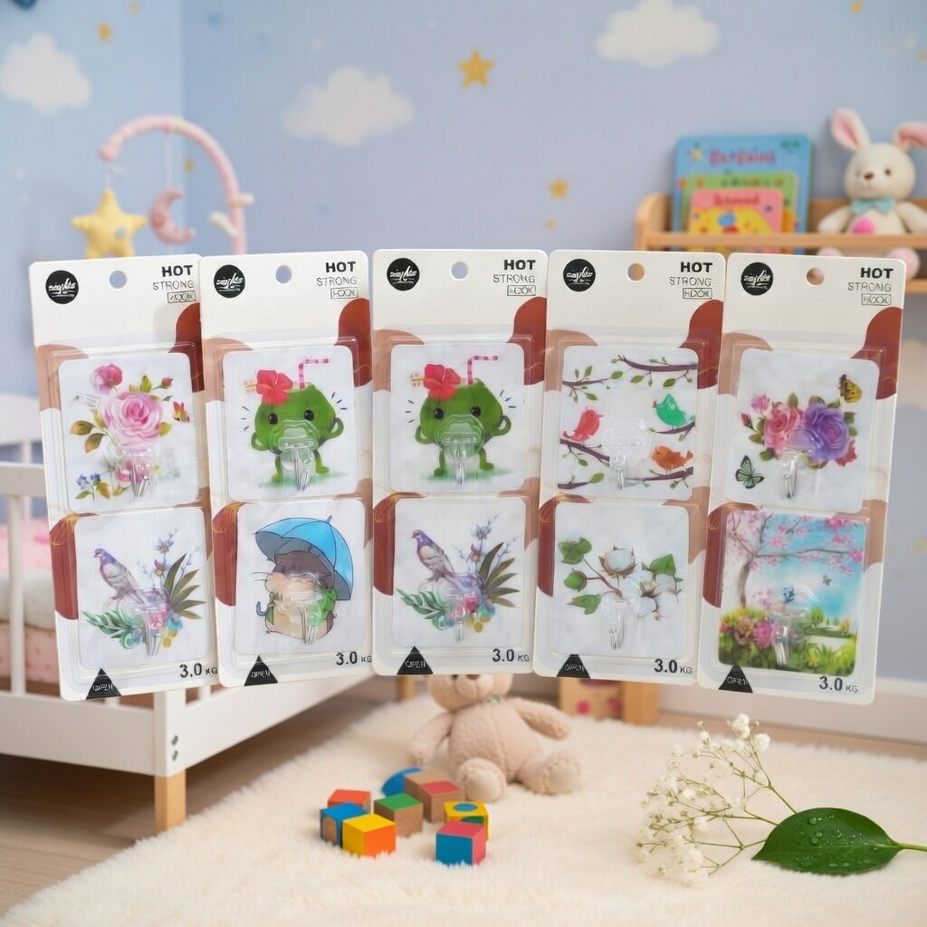 2 Crochets Adhésifs Muraux Bébé 3 kg Design Mignon & Sécurisé (design aléatoire)