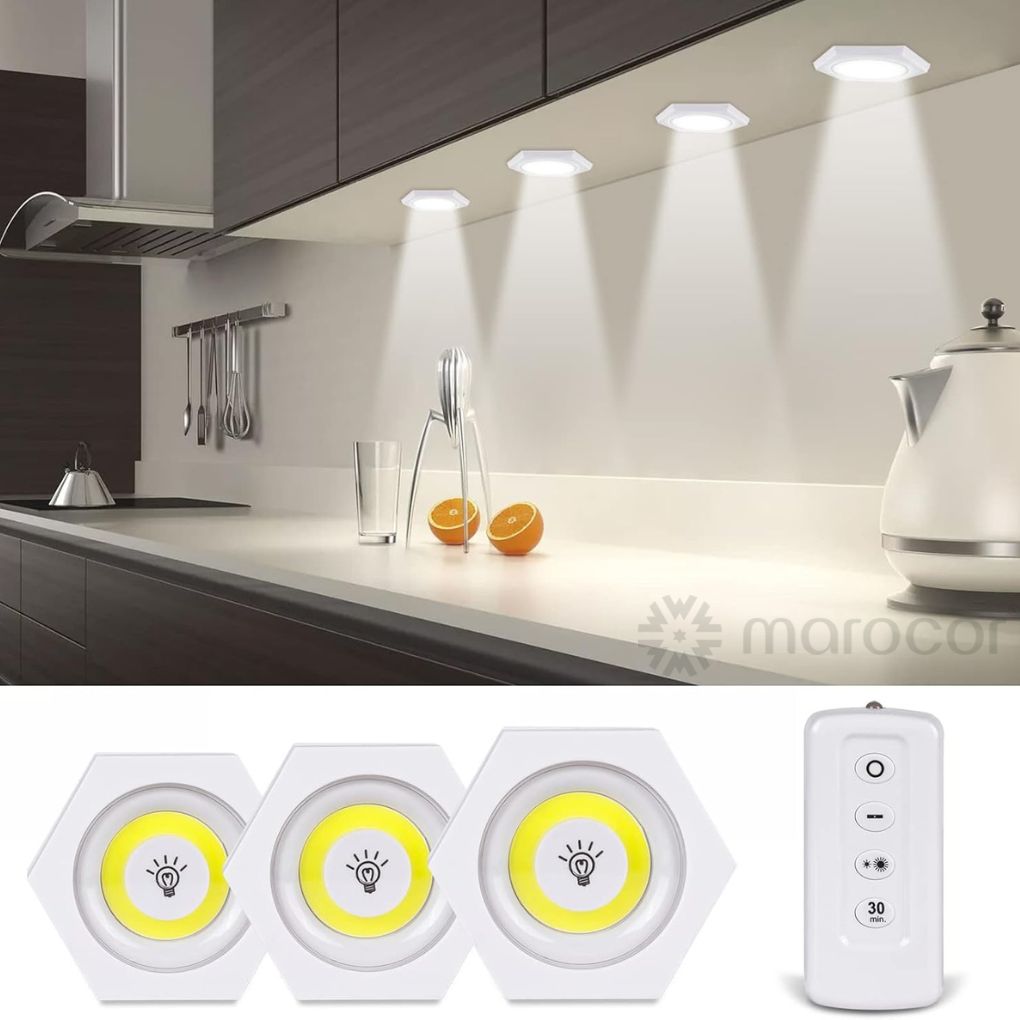 Lot de 3 spots LED sous meuble de cuisine avec télécommande, lumière blanche froide
