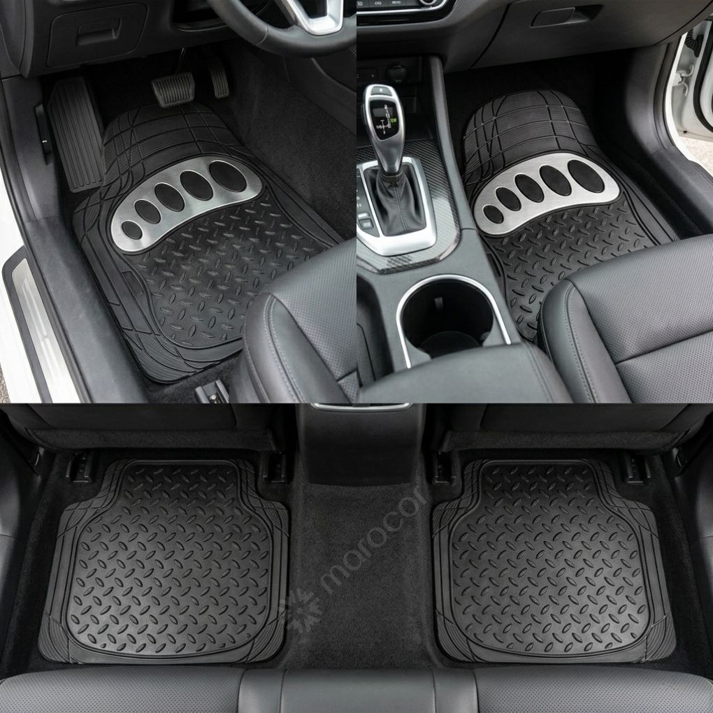 Jeu de 4 Tapis de Voiture Universels Robustes en Caoutchouc avec Inserts Métalliques