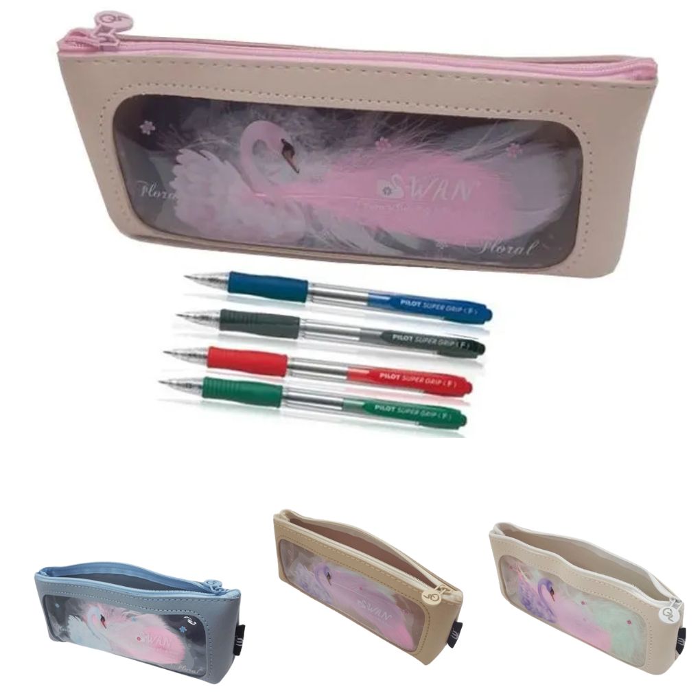 Trousse Scolaire Élégante avec Fenêtre Transparente et Motif Cygne