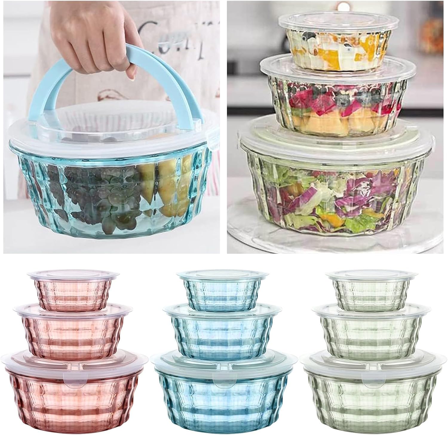 Ensemble de 3 boîtes en plastique pour fruits, céréales et restes alimentaires (colleur aléatoire)