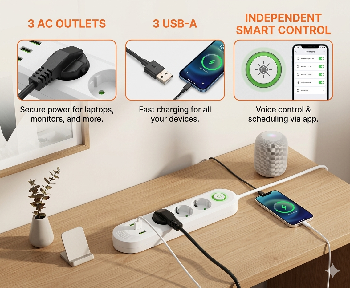 Multiprise intelligente avec ports USB, chargement rapide et sécurité pour maison intelligente.